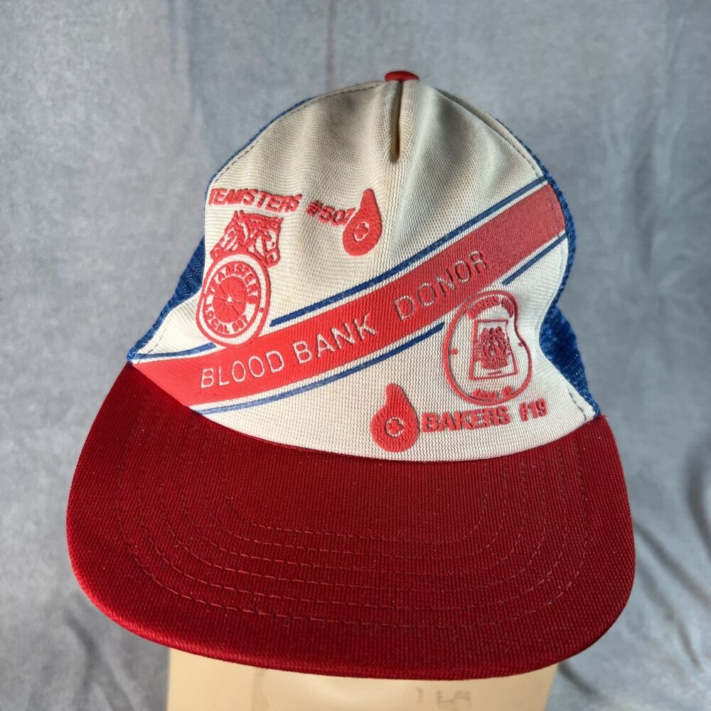 Vintage Teamsters Blood Bank Stripe Trucker Hat USA Made SnapBack